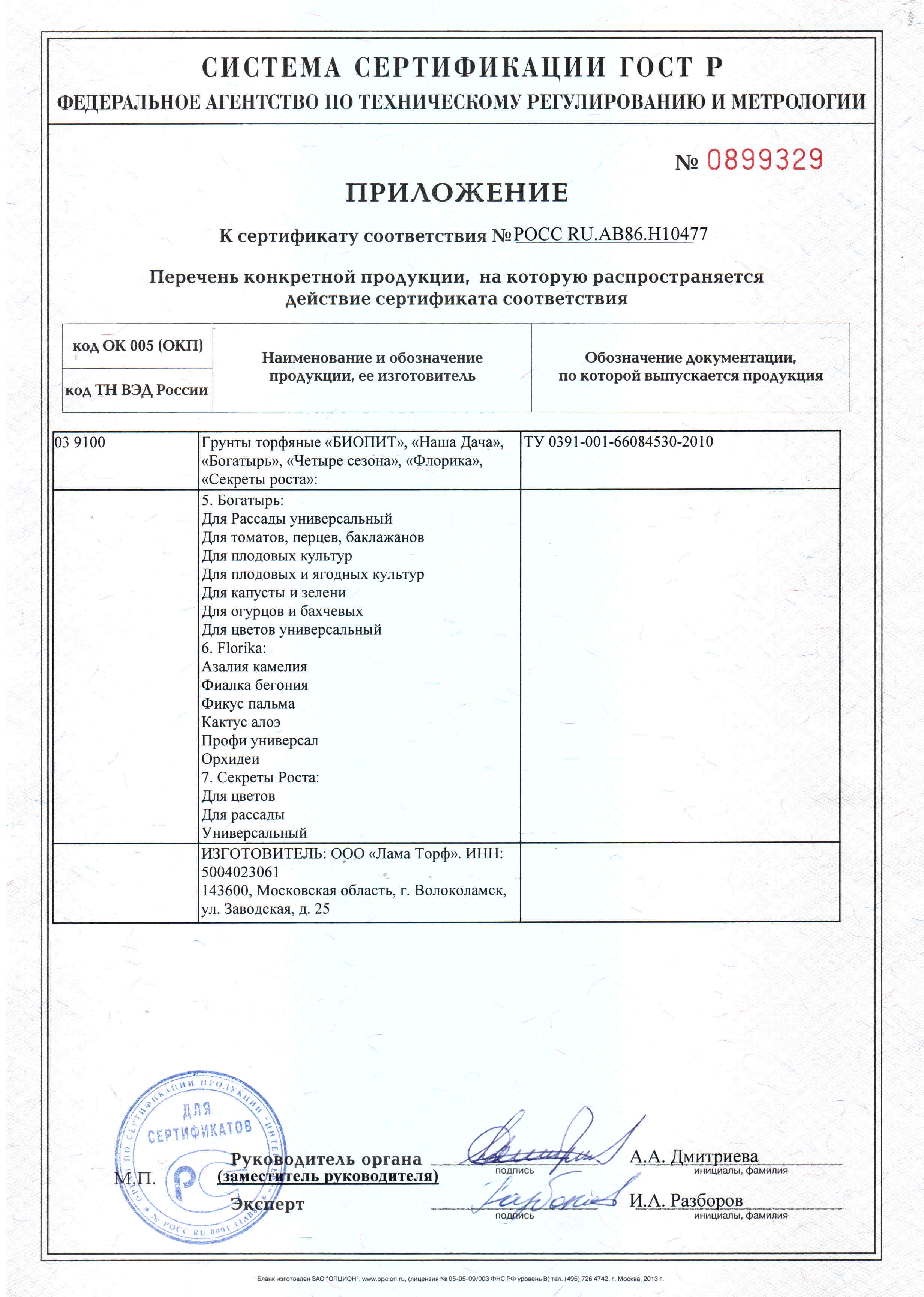 Сертификат( Приложение 2/2) на грунты "ЛамаТорф"