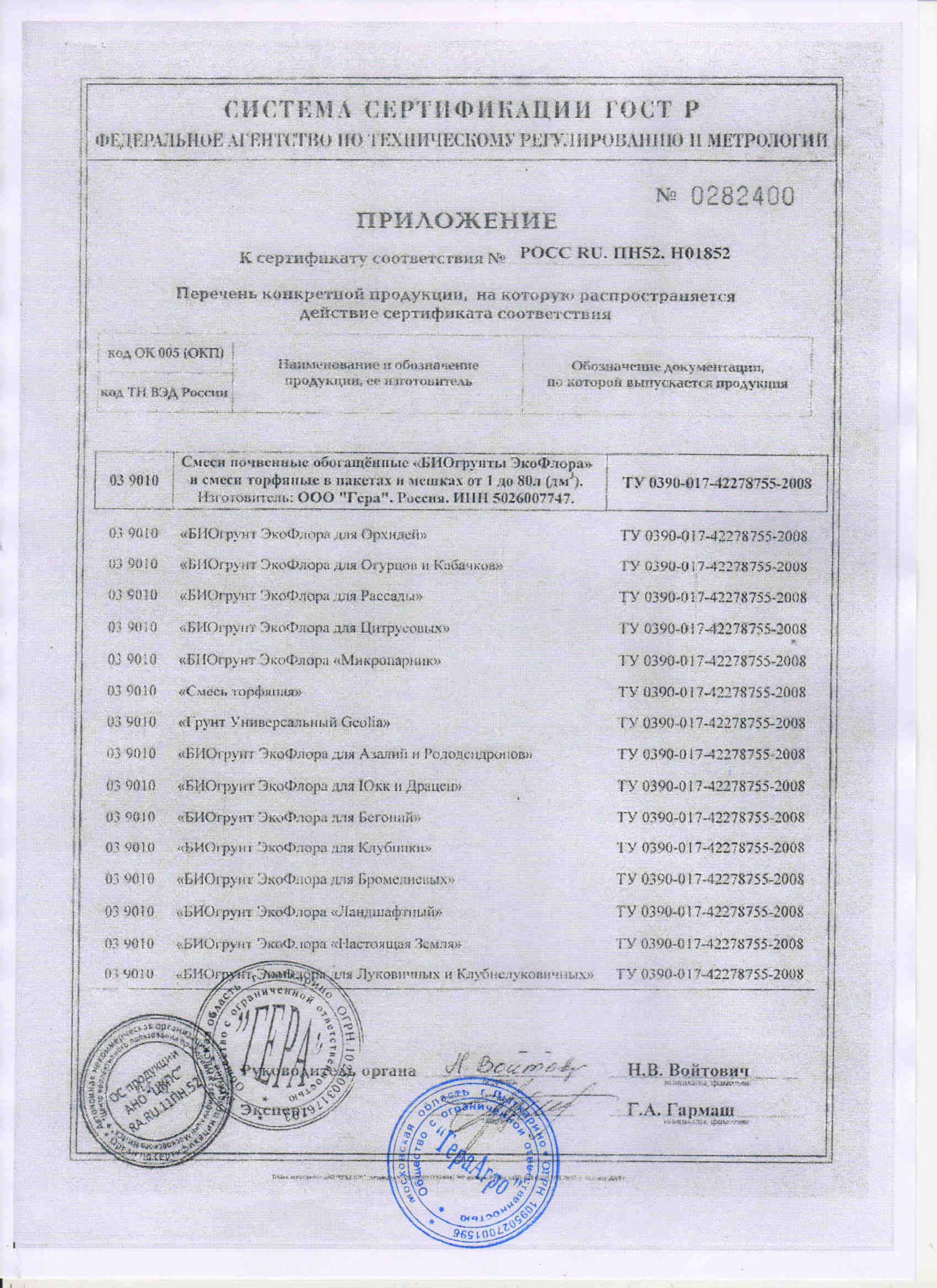 Гера Биогрунты Сертификат (Приложенте 2/2)
